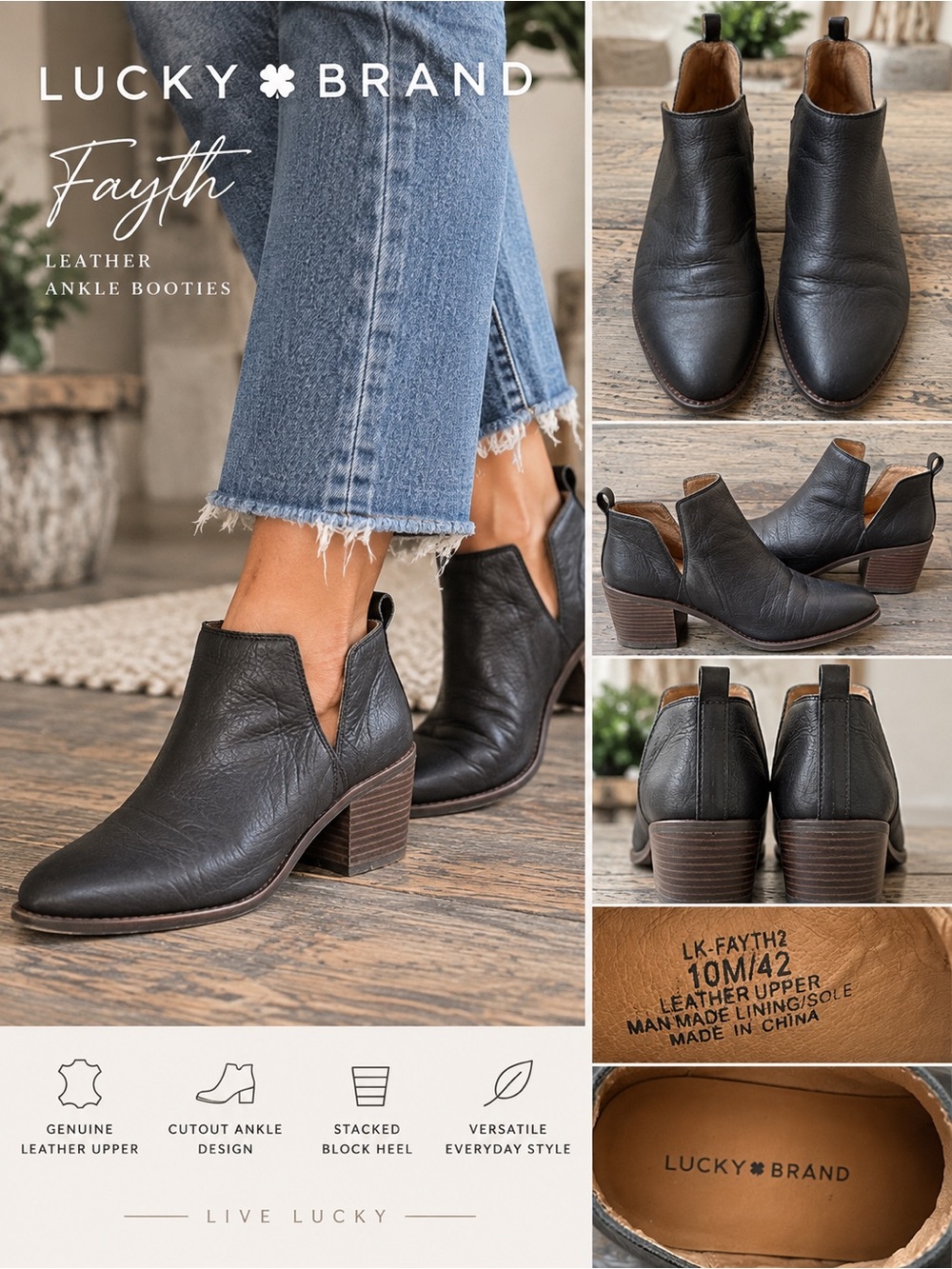 Lucky Brand Fayth Black Leather Cutout Ankle Booties Women’s 10M 4